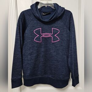 Under Armour Hoodie Women's Large Blue Loose Coldgear Pullover Pink Embroidered